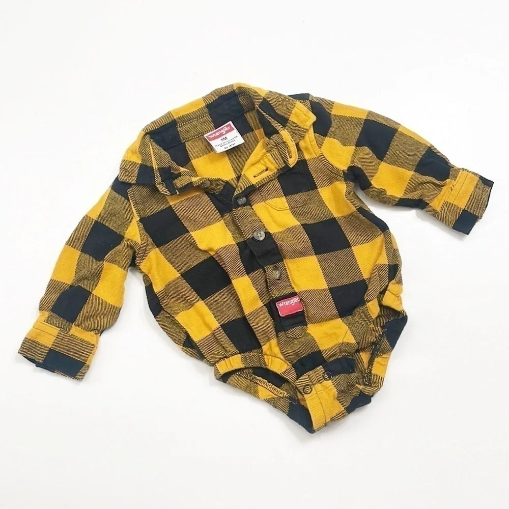 Wrangler gold/black plaid flannel button down baby bodysuit